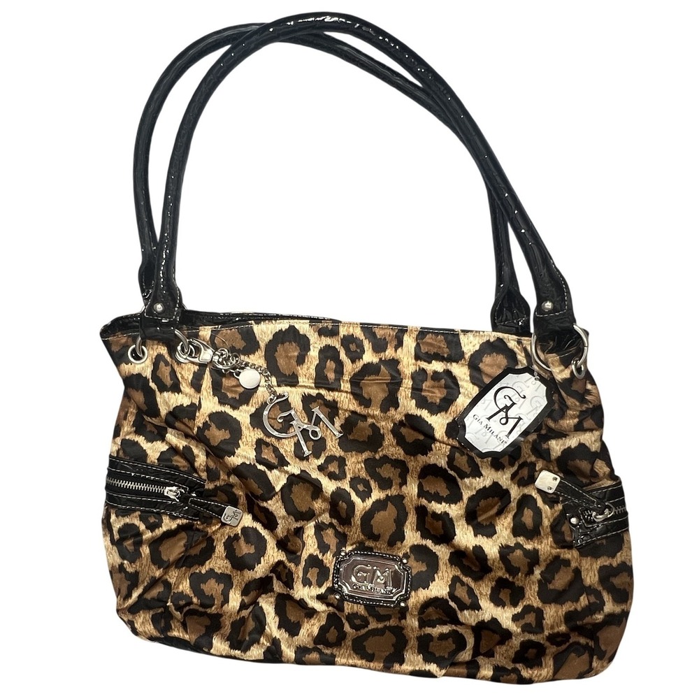 Gia Milani Leopard Print Tote Bag Women's Shoulder Handbag Black Patent Accents